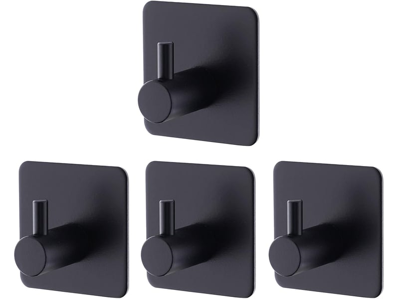  Crochets muraux adhésifs noirs, lot de 4, porte-serviettes de salle de bain sans perçage pour chiffons et peignoirs  - Conforama A