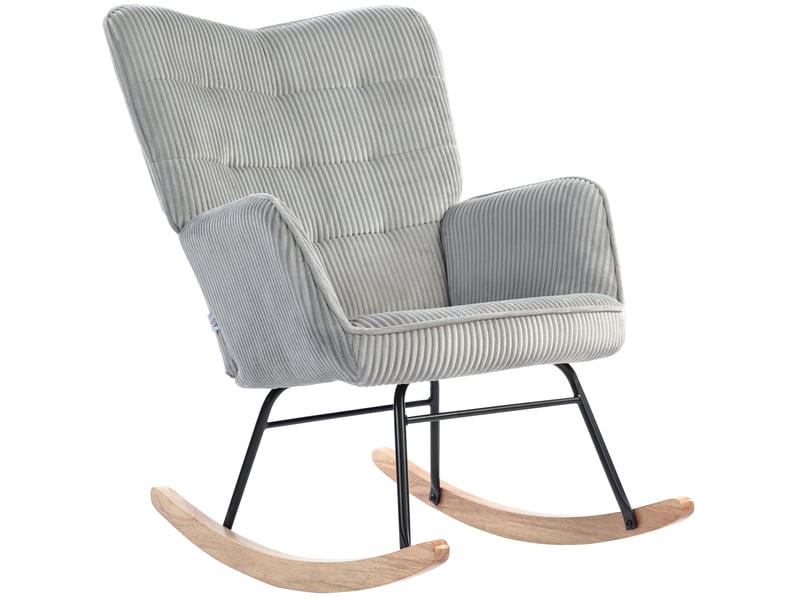  Fauteuil à bascule relax avec dossier haut capitonné, accoudoirs et patins en hêtre, en polyester gris clair  - Conforama A