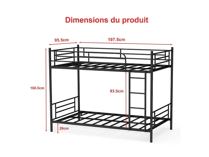  Lit superposé 90x190 métal noir avec échelle et barrière de sécurité  - Conforama C