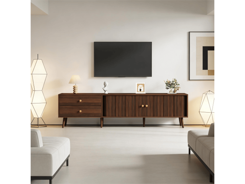 Meuble tv noyer 180x40x46,5 cm – 2 tiroirs, 2 portes coulissantes, 7 pieds, tv jusqu’à 80 pouces - Conforama D