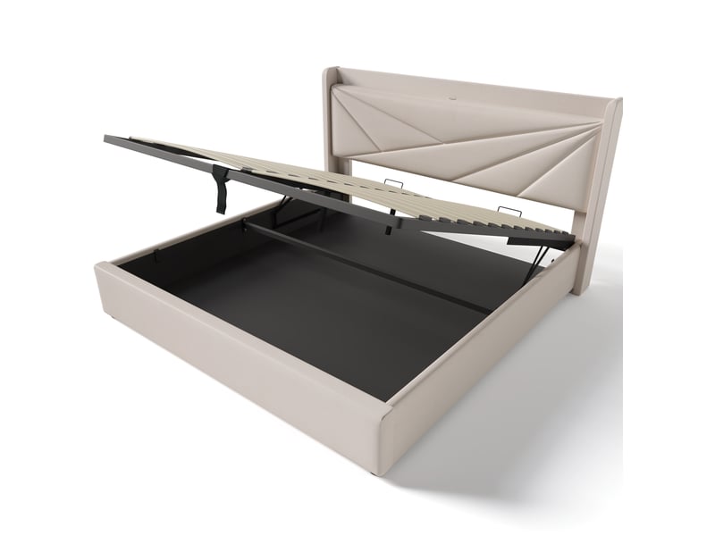  Lit coffre ulevr 160x200 avec usb et type-c, tête de lit géométrique, sommier à lattes, matelas inclus, tissu coton lin beige  - Conforama A