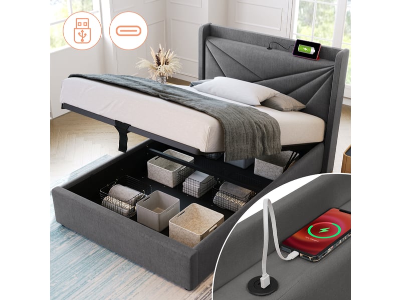  Lit avec rangement 90 × 200 cm 1 place, usb et type-c, avec matelas, tête de lit en tissu gris  - Conforama E