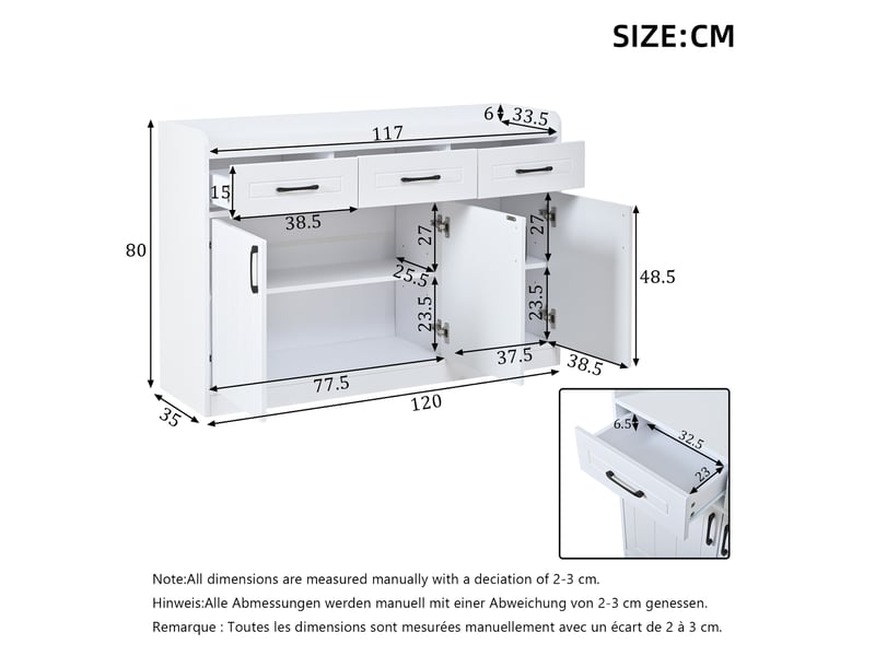  Buffet de salon blanc 120 cm meuble de rangement 3 portes 3 tiroirs  - Conforama C