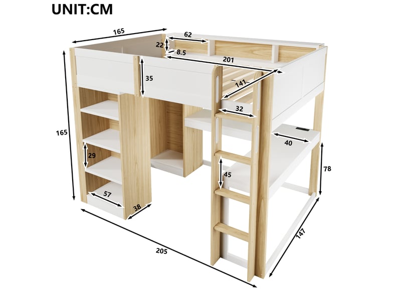  Lit mezzanine 140x200 cm, bureau en l, armoire ouverte, rangements, pin et mdf, blanc et bois naturel, sans matelas  - Conforama C