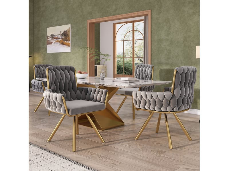 Lot de 6 chaises de salle à manger avec revêtement tissu velours, chaises dotée d'accoudoirs, rotatives et piètement acierlique, gris+doré - Conforama E