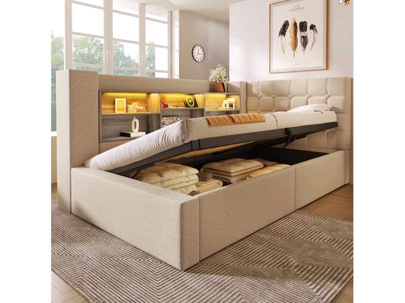Lit coffre 90 × 200 cm avec led, usb-c et tête de lit réversible avec rangement, avec matelas, beige - Conforama C