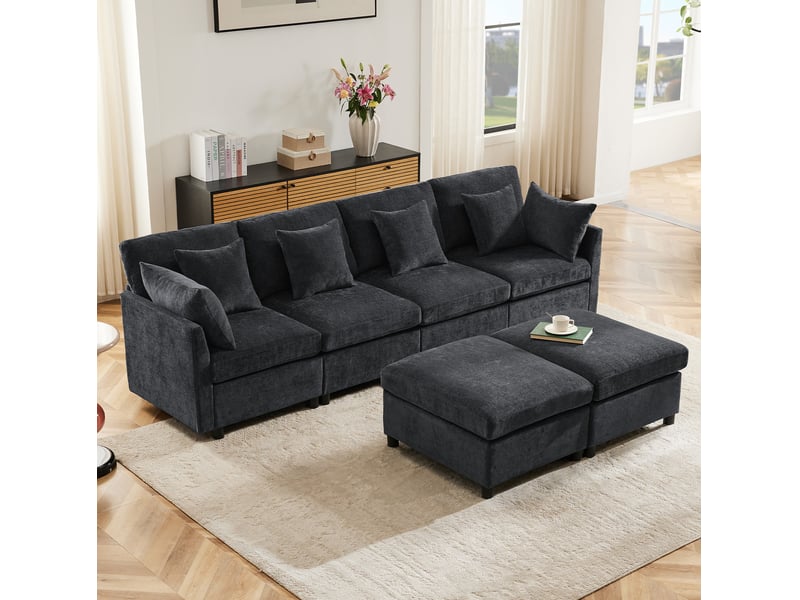 Canapé modulable ulevr 4 à 6 places convertible en u ou l, 278 x 161 cm, 2 poufs, chenille gris  - Conforama D