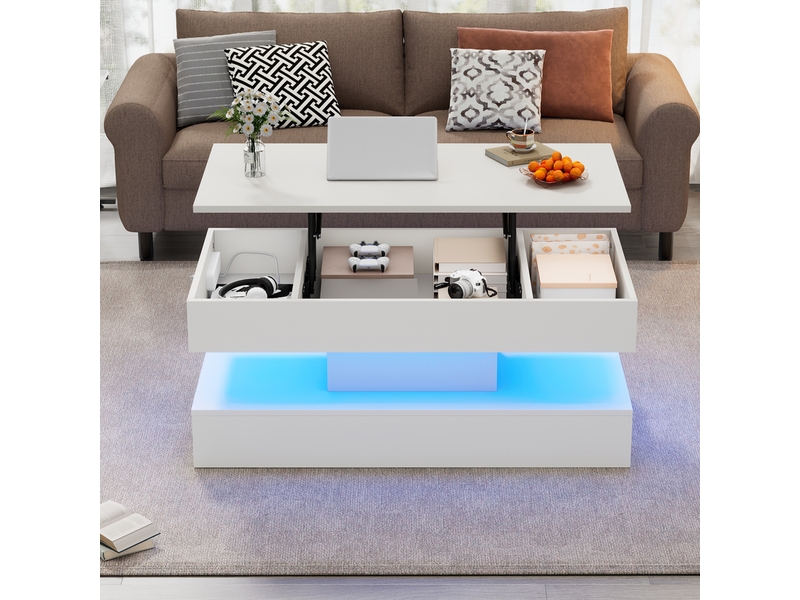  Table basse relevable avec plateau réglable, led et rangement caché avec prises, en panneau de particules, blanc - uvrion  - Conforama C