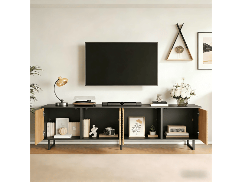  Meuble tv avec 4 portes et 4 niches de rangement, design symétrique effet rainuré, pour salon, 180 × 40 × 50 cm  - Conforama C