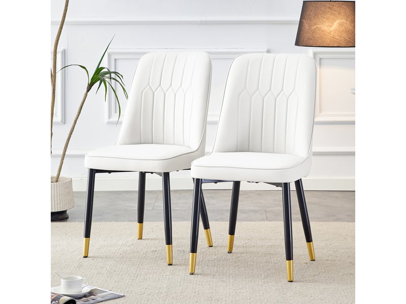  Lot de 2 chaises de salle à manger modernes en similicuir pu blanc, dossier rembourré ergonomique, pieds en métal noir, charge 120 kg  - Conforama C