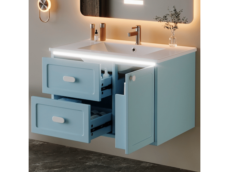 Meuble salle de bain suspendu bleu 76x46x51 cm avec vasque intégrée en céramique et éclairage led - Conforama C