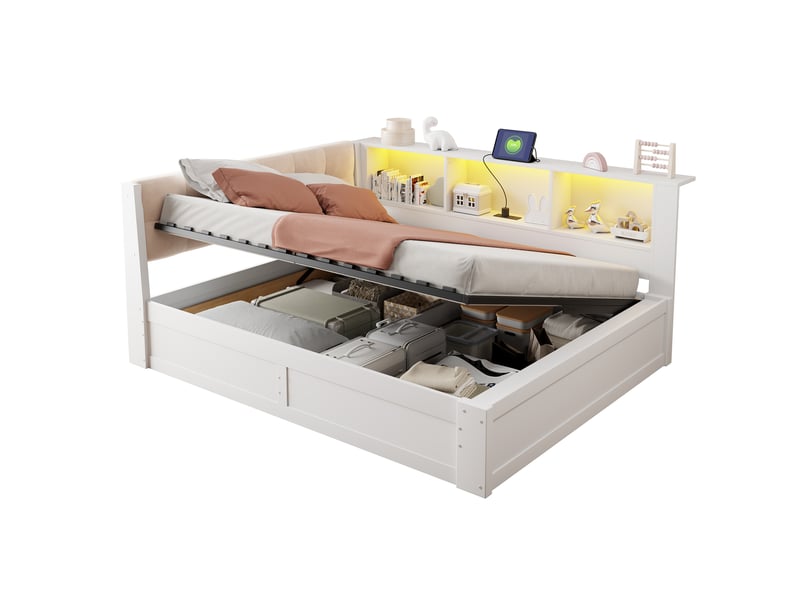  Lit de jour 140x200cm avec rangement hydraulique, led réglable, étagère pratique et usb, sans matelas, blanc, pin  - Conforama A