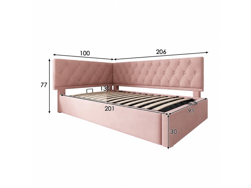  Lit banquette 90x200 cm avec coffre hydraulique et sommier, velours, rose  - Conforama C