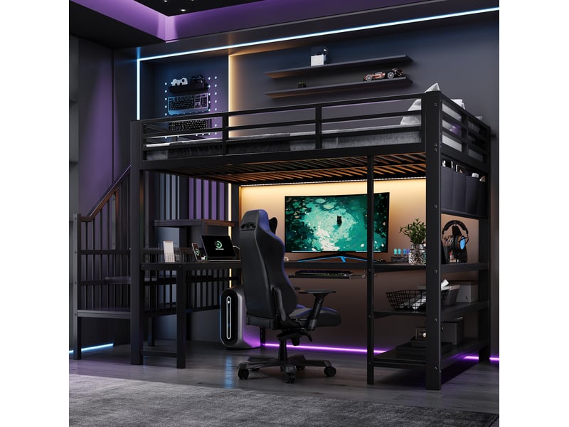 Lit mezzanine 120x200 cm en métal noir avec bureau en u, escalier et led - Conforama D