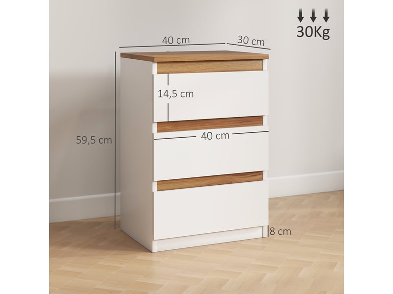  Lot de 2 tables de chevet étroites à 3 tiroirs, commodes pour salon ou entrée, 40 x 30 x 59,5 cm, blanches  - Conforama E