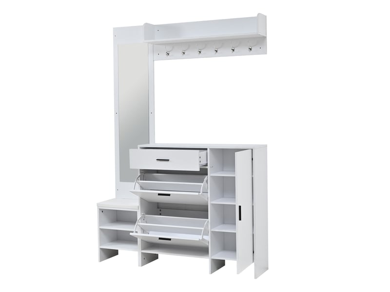  Vestiaire d'entrée avec meuble à chaussures, porte-manteau de couloir multifonctionnel avec miroir et banc de rangement, 140x30x200cm, blanc  - Conforama D