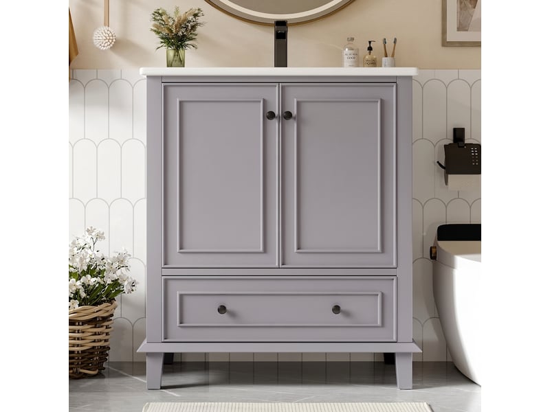  Meuble salle de bain gris 76x46x87cm meuble vasque sur pied avec pieds en bois massif  - Conforama C