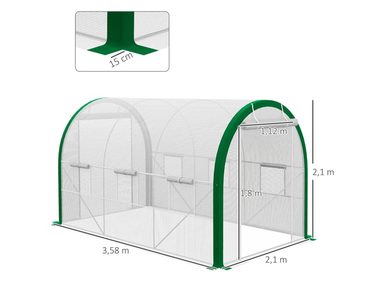  Serre tunnel, serre chaude, portes à fermeture éclair, fenêtres en filet, structure métallique, 3,5 x 2 x 2 m, blanche  - Conforama E