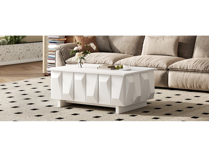  Table basse avec rangement et 3 portes - lpospi - façades géométriques 3d en panneaux de particules blancs  - Conforama E