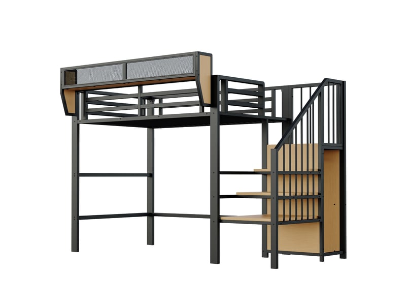  Lit mezzanine 90x200 cm noir métal et mdf, avec échelle sécurisée, étagère amovible et espace sous lit  - Conforama E