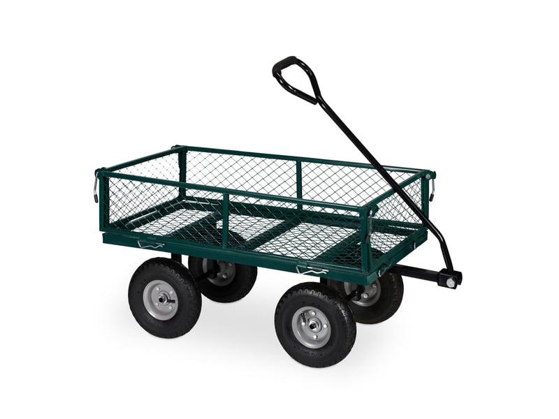  Chariot de transport solide pour jardin 100 x 60 x 30 cm avec côtés rabattables et 4 roues pneumatiques en acier vert 13_0011144  - Conforama A