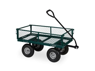 Chariot de transport solide pour jardin 100 x 60 x 30 cm avec côtés rabattables et 4 roues pneumatiques en acier vert 13_0011144