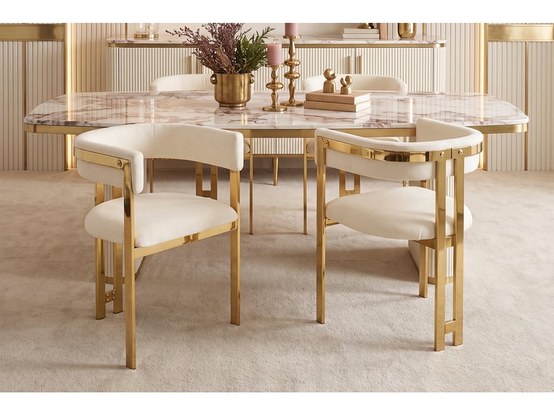  Chaises de salle à manger lot de 2 à dossier semi-circulaire  - chenille beige et métal doré  - Conforama E