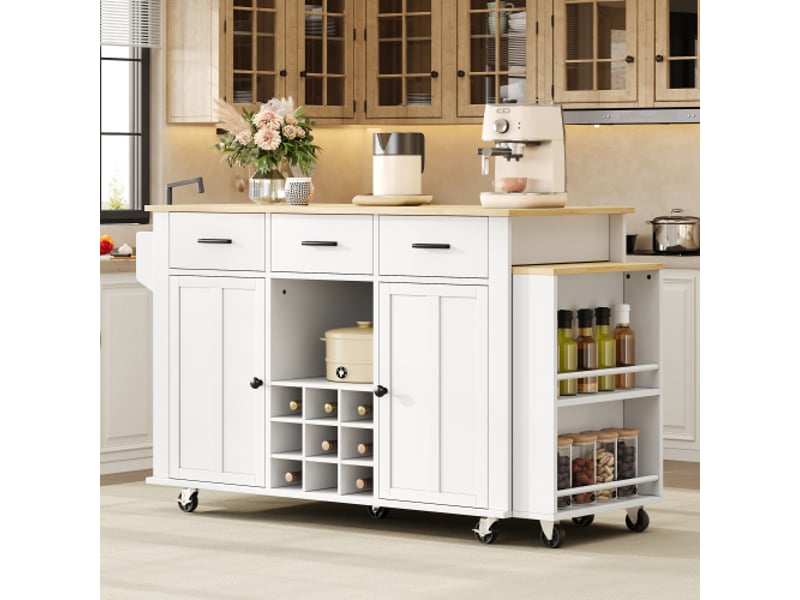  Île de cuisine mobile – plan de travail extensible, chariot 3 tiroirs, range-bouteilles, usb, 7 roues, blanc-chêne  - Conforama E