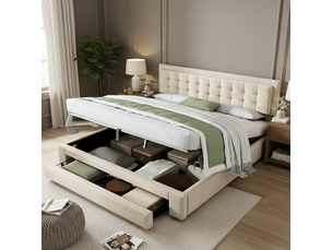 Lit coffre 2 places 180x200 cm, sans matelas, velours beige, tiroirs, sommier à lattes, doté de tête de lit ajustable