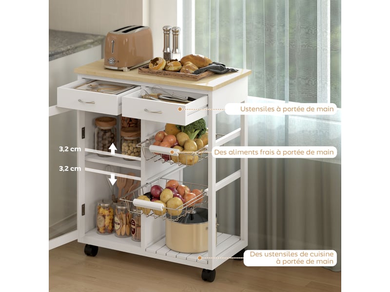  Desserte de cuisine à roulettes plateau bambou porte vitrée blanc 67 x 35 x 80 cm  - Conforama E