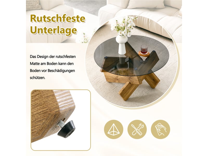 Table basse ronde plateau en verre trempé piètement géométrique - lpospi - pour salon mdf et verre - bois - Conforama E