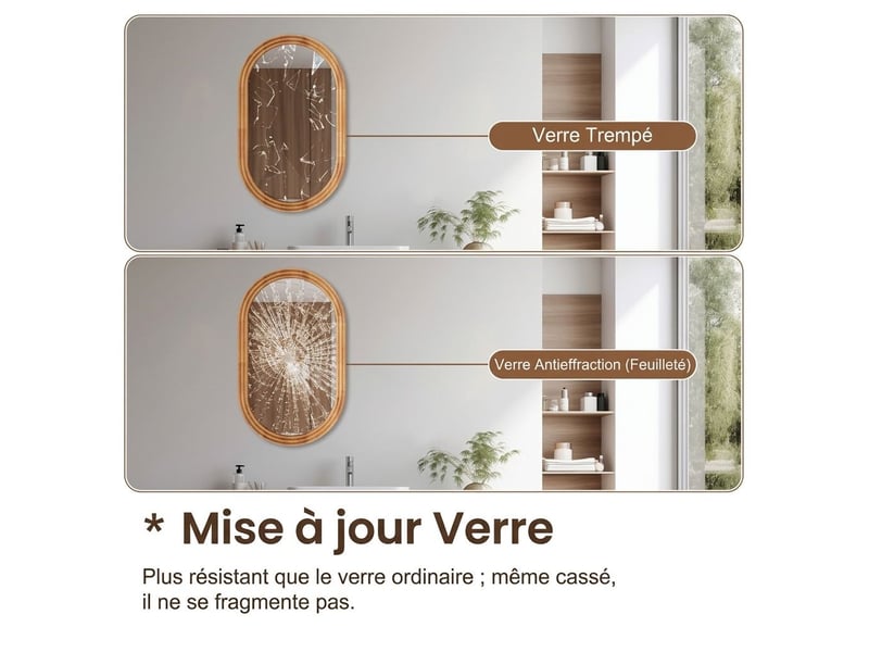  Miroir de salle de bain ovale mural 40 x 60 cm en verre trempé hd – miroir suspendu anti-buée, étanche et anti-rouille avec cadre mouluré pour vasque, entrée et coiffeuse – bois naturel  - Conforama B