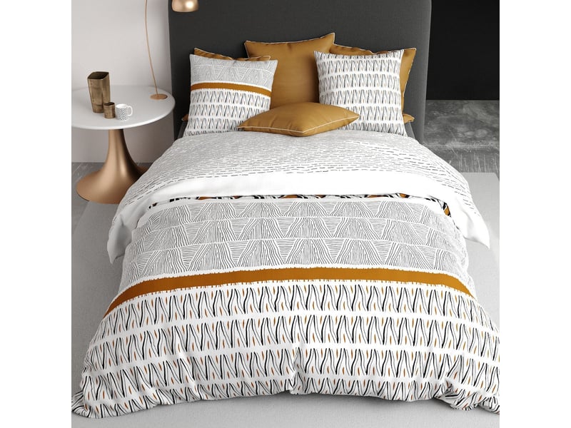  Parure housse de couette 240x220cm + 2 taies motif graphique blanc, noir et jaune 100% coton - selina SELINA - Conforama C