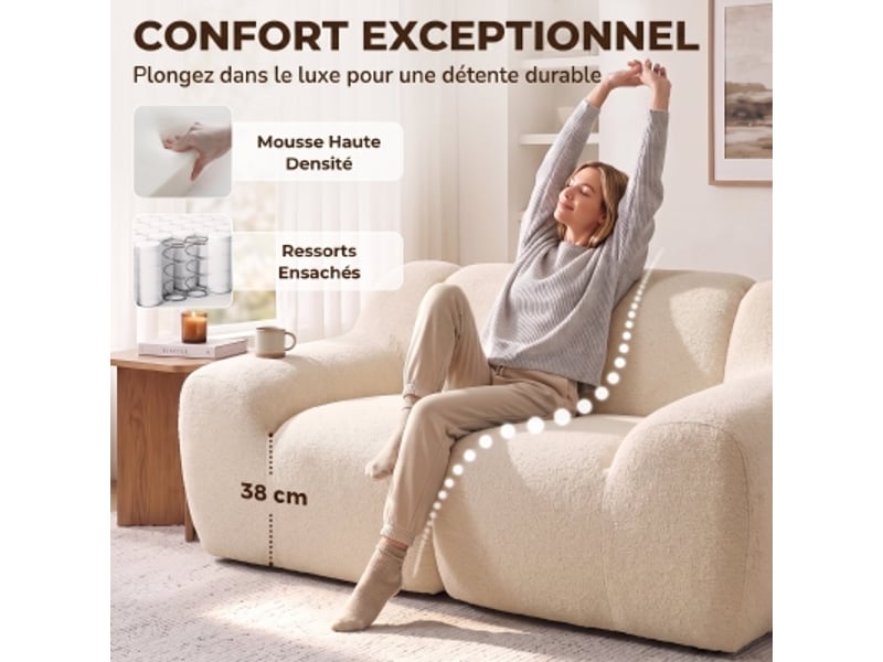  Canapé 2 places en chenille, canapé de salon 174cm, assise et accoudoirs larges rembourrés, entièrement compressé, beige  - Conforama C