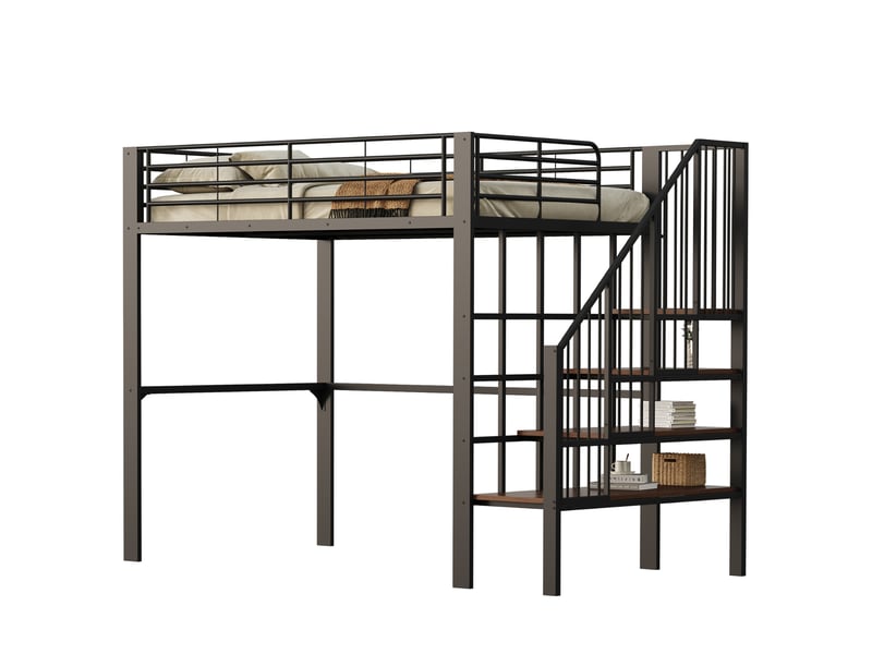  Lit mezzanine 140x200 cm avec escalier et espace de rangement coloris noir  - Conforama A
