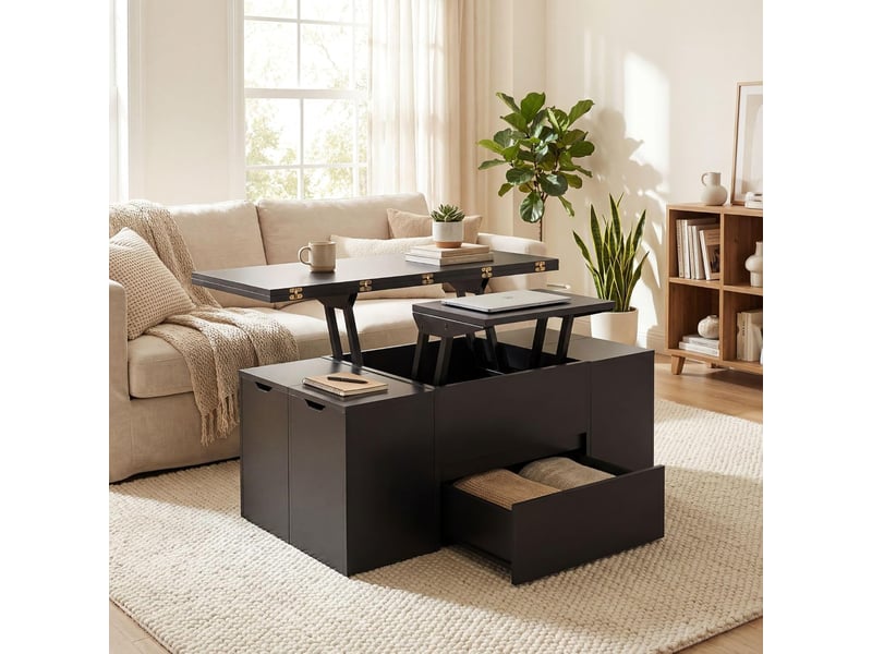  Table basse relevable avec 4 tabourets de rangement, compartiment caché, 1 tiroir, table de café moderne avec plateau relevable, charge 75 kg (noir)  - Conforama B
