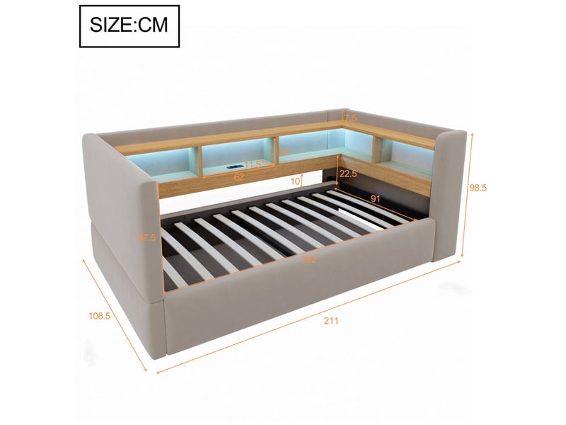  Lit avec coffre, 90x190 cm, rangement hydraulique, led, prises, rangements, matelas non inclus, velours, coloris gris  - Conforama C