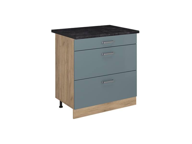  Vicco meuble cuisine, bleu-grischêne doré, 80cm avec 3 tiroirs plan de travail anthracite  - Conforama A