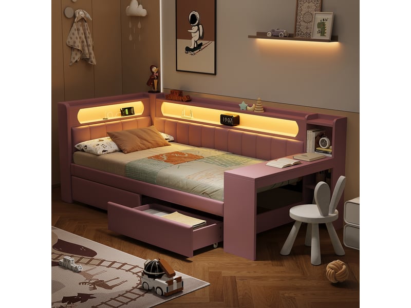  Lit enfant 90x200 cm type banquette rembourrée avec ports usb, éclairage led, bureau et 2 tiroirs, mdf, contreplaqué et rembourré, rose Sol Morn - Conforama E
