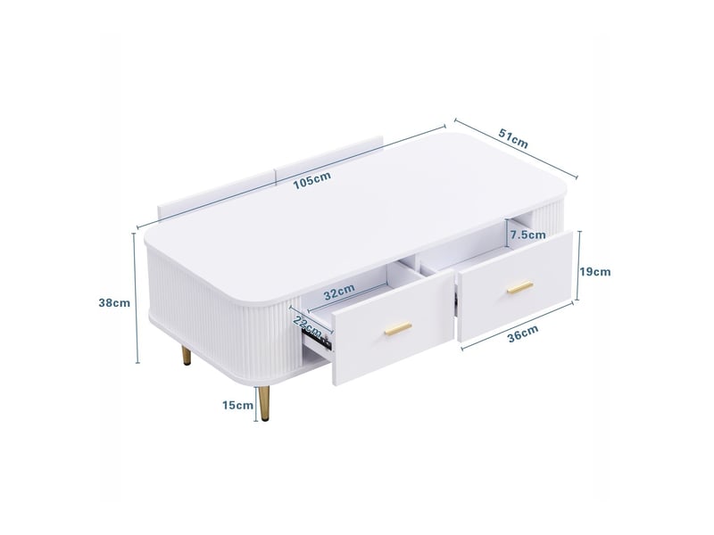 Table basse salon, plateau blanc doré, rangement intégré, design arrondi sécuritaire, structure métal or  - Conforama C