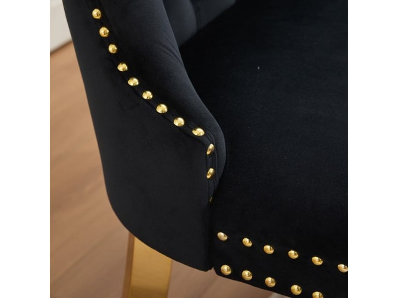  Banquette 2 places velours noir capitonnée, dos à ailes, boutons faits main, pieds en acier doré – mi-siècle moderne  - Conforama E