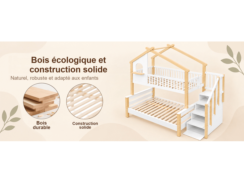 Lit superposé cabane enfant en bois d'ingénierie 90x190120x190 cm blanc et naturel avec escalier de rangement - Conforama D
