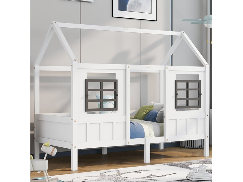  Lit maison 200x90 cm avec 2 fenêtres, bois, blanc sans matelas  - Conforama C