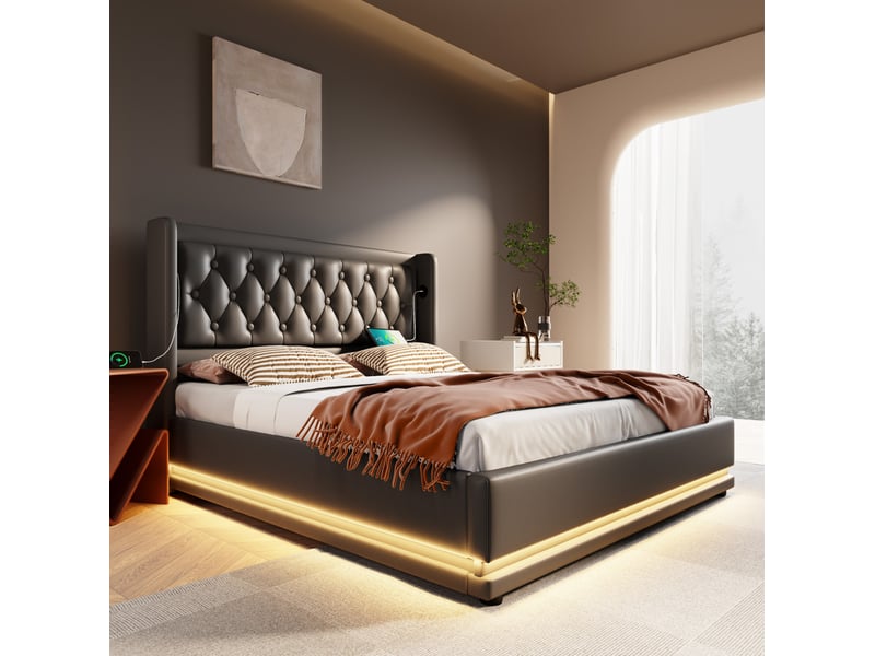  Lit coffre double 140 x 200 cm noir en pu avec matelas, led et ports usbusb-c  - Conforama D