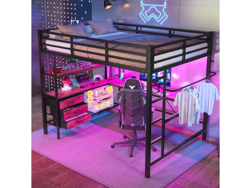  Lit mezzanine 140 x 200 cm, lit enfant surélevé, 3 tiroirs, bureau intégré, étagères ouvertes, éclairage led, connectique usb, échelle, métal, noir Morn Vibe - Conforama D