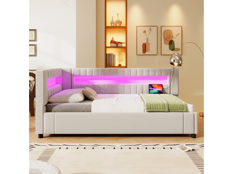  Lit de jour 90x200 en lin beige avec rangement hydraulique et éclairage led  - Conforama B