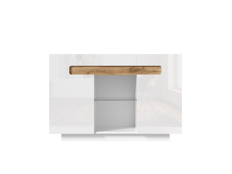  Buffet blanc et bois naturel 120x40x80 cm, meuble bas moderne avec étagères en verre et led intégré pour salon ou cuisine  - Conforama D