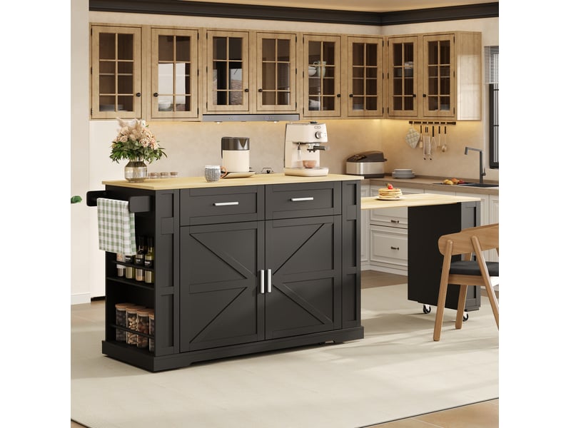  Desserte de cuisine 130x50x93 cm – noir et naturel – plan de travail extensible, prises usb et roulettes  - Conforama B