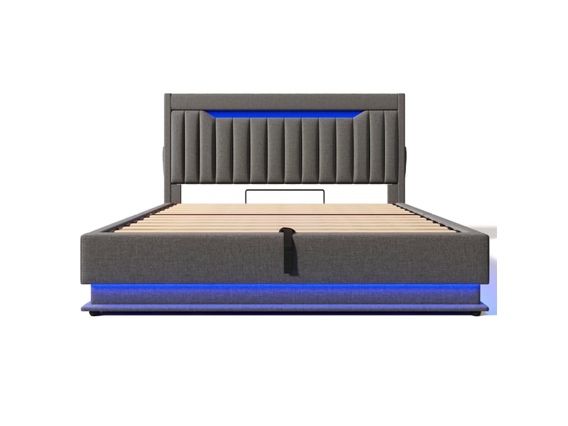  Lit coffre rembourré 160×200cm, tête de lit avec rangement, ports usb, led, tissu lin, lit double, sans matelas, gris  - Conforama E