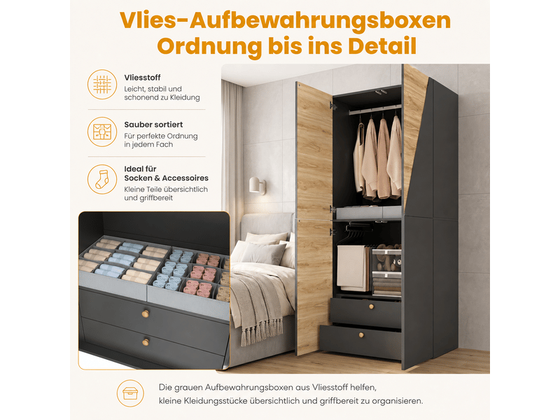 Armoire penderie 90x50x200 cm, 1 tringle, porte-pantalons, boîte de rangement, 2 tiroirs, mdf, coloris bois et gris OMNIGLINT TRADING LTD - Conforama E